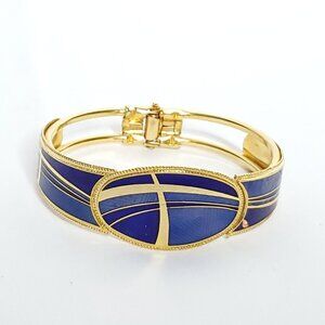 Vintage Enamel Bangle Bracelet Cloisonne Blue Gold Tone Hinged READ
